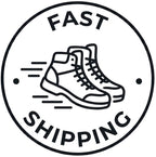 A circular black line-art icon featuring a pair of high-top sneakers with motion lines and the words 'FAST SHIPPING' on a white background.