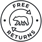 A circular black line-art icon with a bear silhouette in the center, arrows, and the words 'FREE RETURNS' on a plain white background.