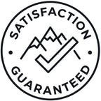 A circular black line-art icon with the words 'SATISFACTION GUARANTEED' surrounding a mountain and checkmark design on a white background.